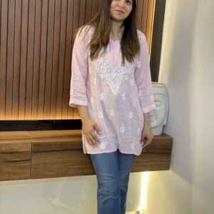 Pink Chikankari Rayon Short kurti main img