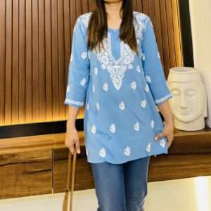 Blue Chikankari Rayon Short kurti-mainimg