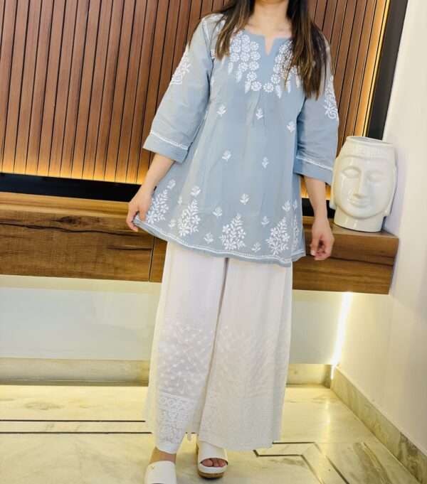 Chikankari Cotton Handwork Straight Short Kurti- Grey-img2