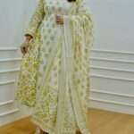 White and Yellow Floral Afghani Suit with pant mainimg